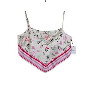 NWT Japna Women's Ivory Pink Parisian Bistro Croissant Print Tie Back Cami Top L